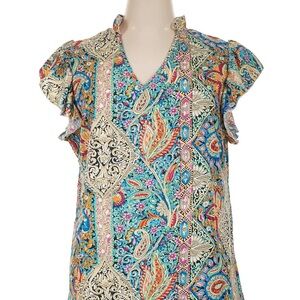 Paisley V-Neck Flutter Sleeve Blouse - Multicolor